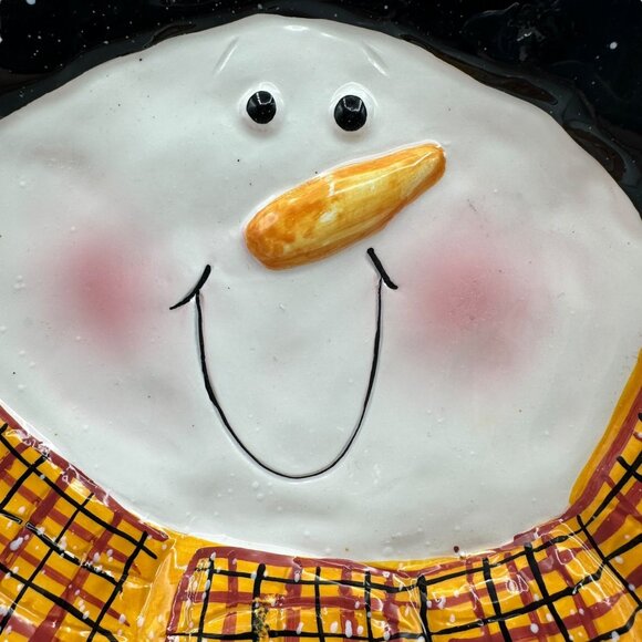 Christmas Snowman Candy Dish Plate Ceramic Pottery Trinket Scarf Yellow Black - Picture 2 of 12
